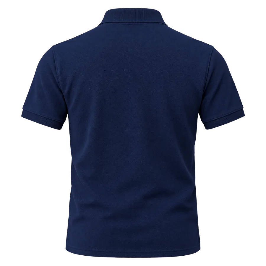 Back of a navy polo shirt with a small ADRIQA print below the collar