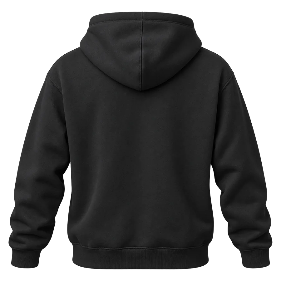 Back of a black heavyweight hoodie with ADRIQA printed across it